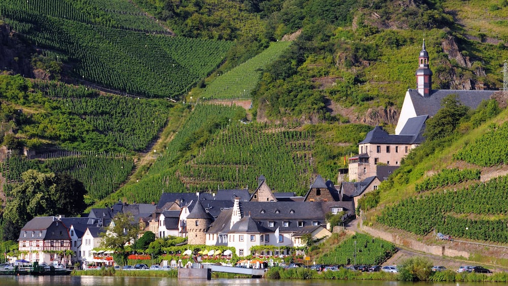 A riverside town with vineyards, historic buildings, and a church on a hillside.