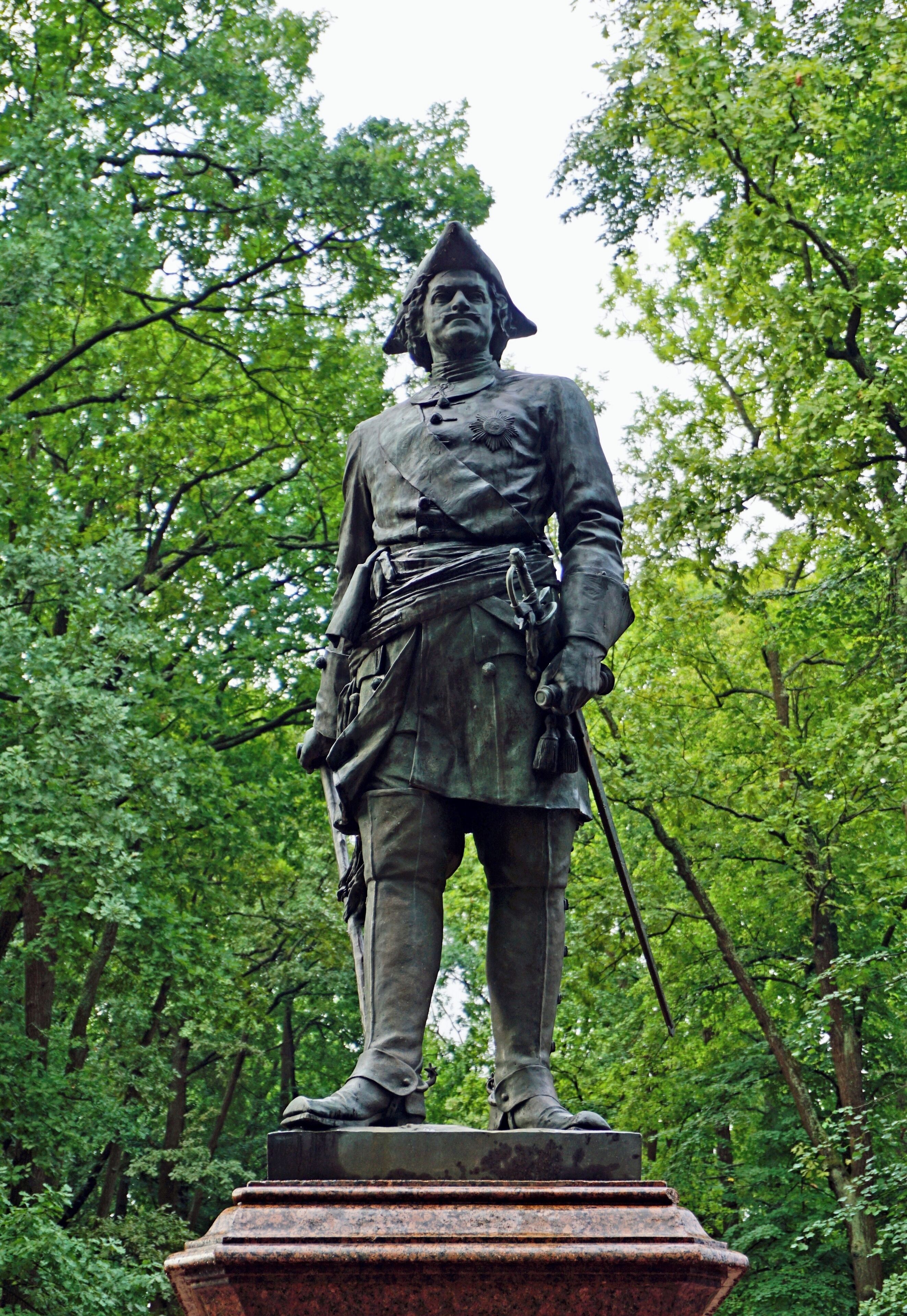 Statue of Peter the Great in the grounds of the Peterhof Palace, St Petersburg, Russia (Aug 2014).