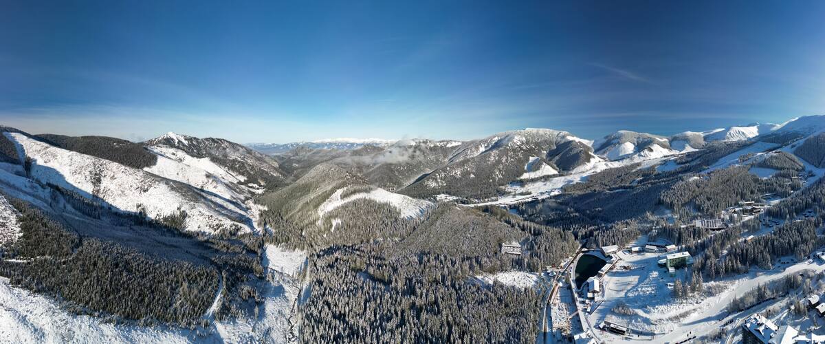 A snow-covered mountainous landscape with dense forests and a ski resort.