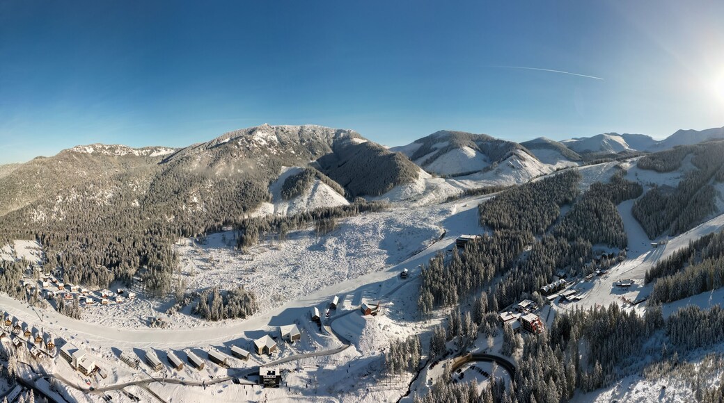 Aerial panoramic winter view of Demanovska Dolina village in Low Tatras mountains, Slovakia. Snowy overhead panorama of countryside rocky landscape with houses, scenic frozen pine forest and road