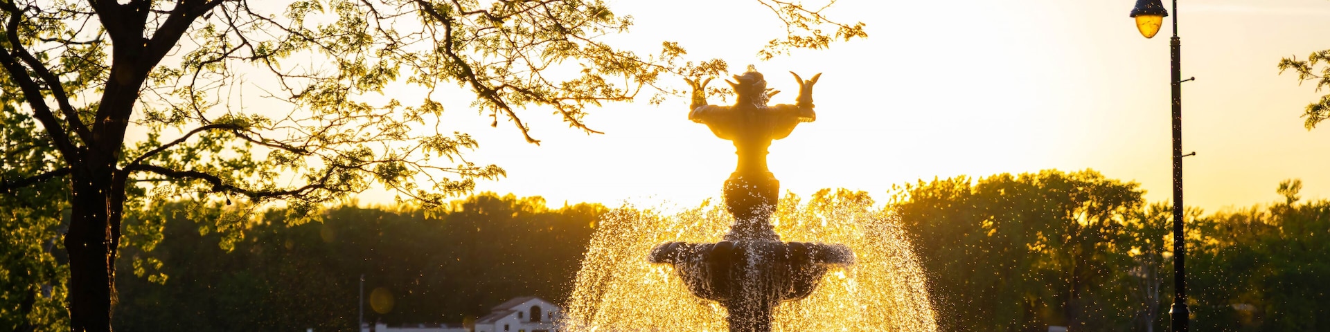 Uma fonte com jatos de água num parque, com uma árvore e um poste de luz ao fundo.