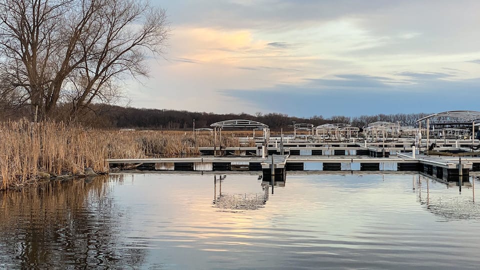 Spring sunset over boat piers