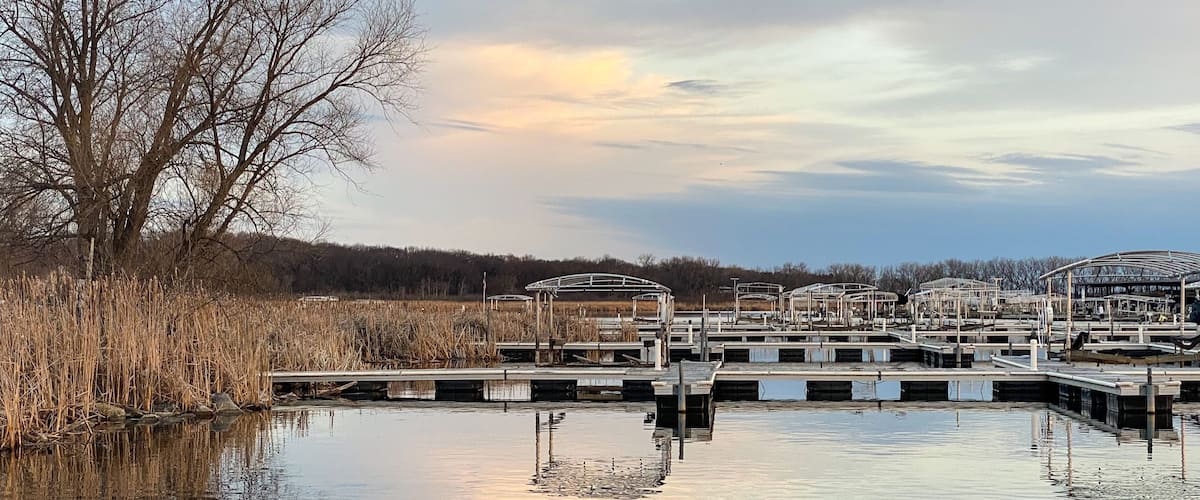 Spring sunset over boat piers