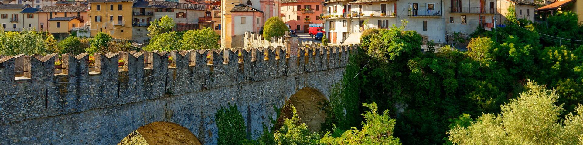 Dronero, devil's bridge, the main village in the Maira Valley, near Cuneo, Italy