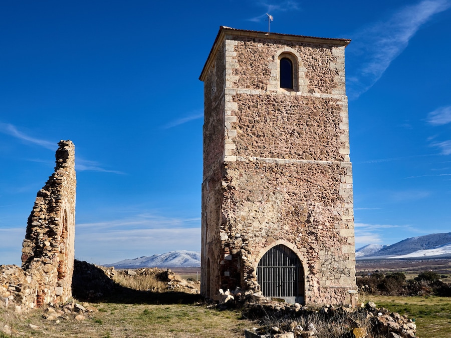 Restored tower of the former monastery of La Orden. Villarejo, Santo Tome del Puerto, Segovia, Spain, Europe