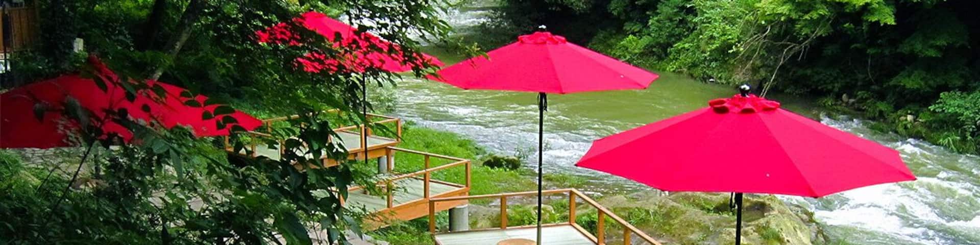 A traditional Japanese garden with stone steps, wooden benches, and red umbrellas.