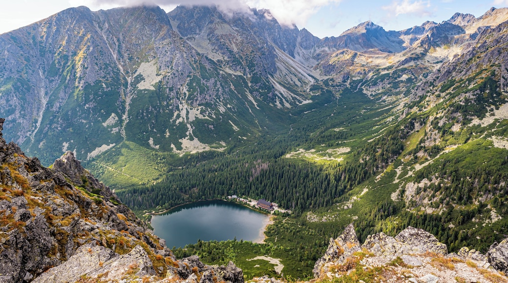 View down to Popradske Pleso (1494m) from Sedlo Pod Ostrvou (1959m).