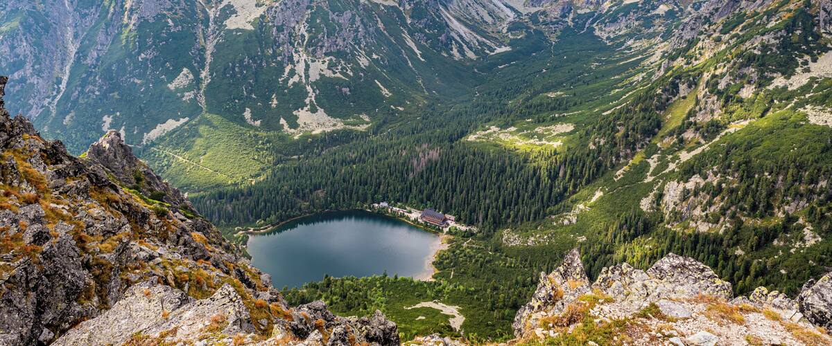 View down to Popradske Pleso (1494m) from Sedlo Pod Ostrvou (1959m).