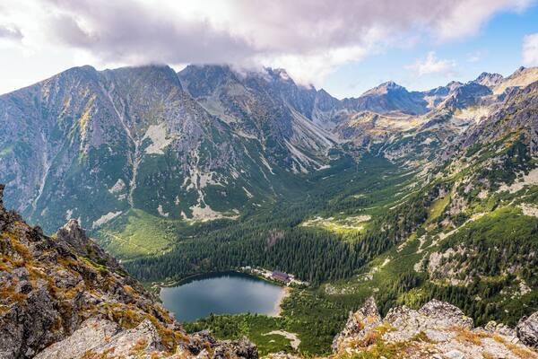 View down to Popradske Pleso (1494m) from Sedlo Pod Ostrvou (1959m).