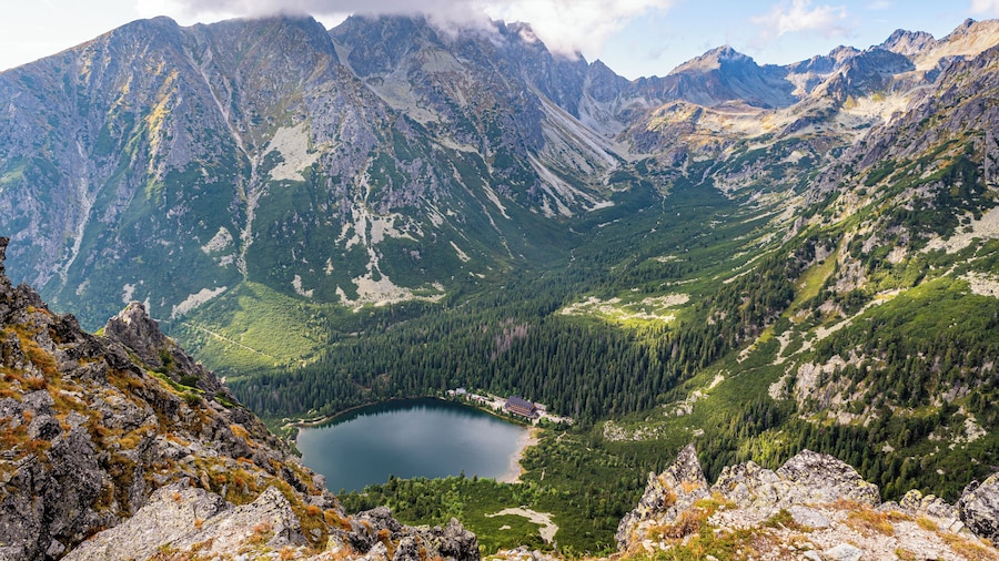 View down to Popradske Pleso (1494m) from Sedlo Pod Ostrvou