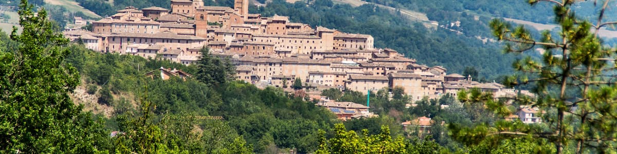 A historic town nestled on a hillside with terracotta-roofed buildings, a prominent church with a bell tower, and a castle on a distant hill.