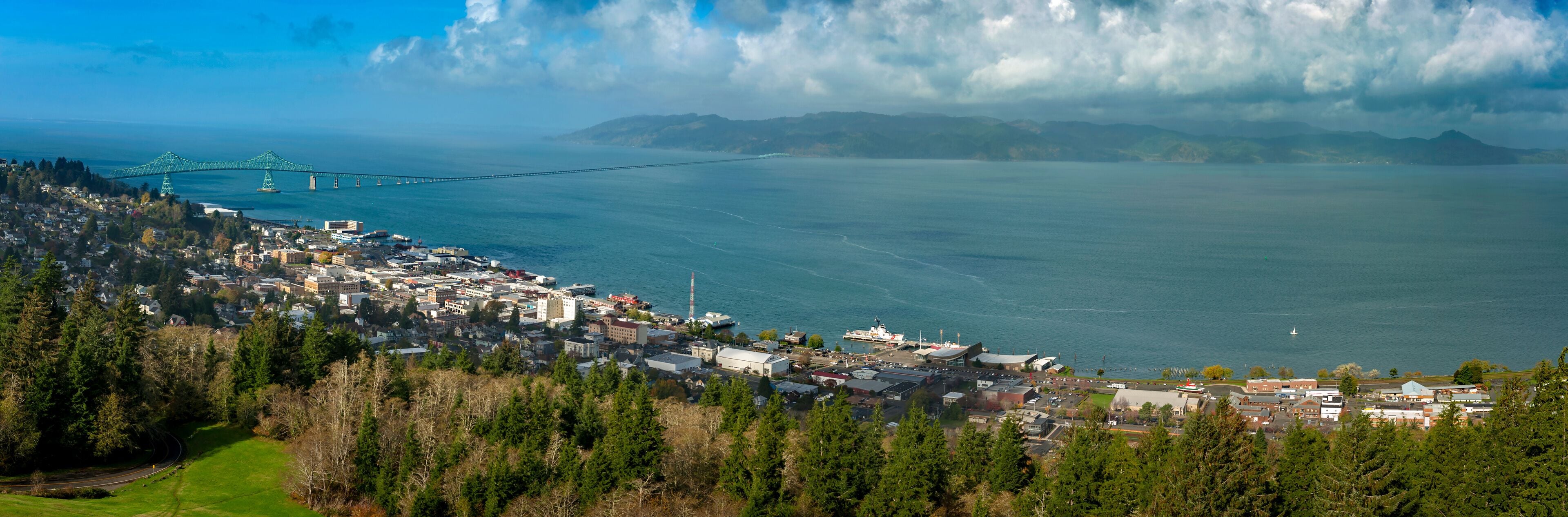 A coastal city with a prominent bridge, dense urban area, and surrounding forested hills.