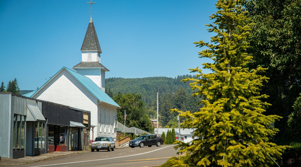 Bay City showing a small town or village and a church or cathedral