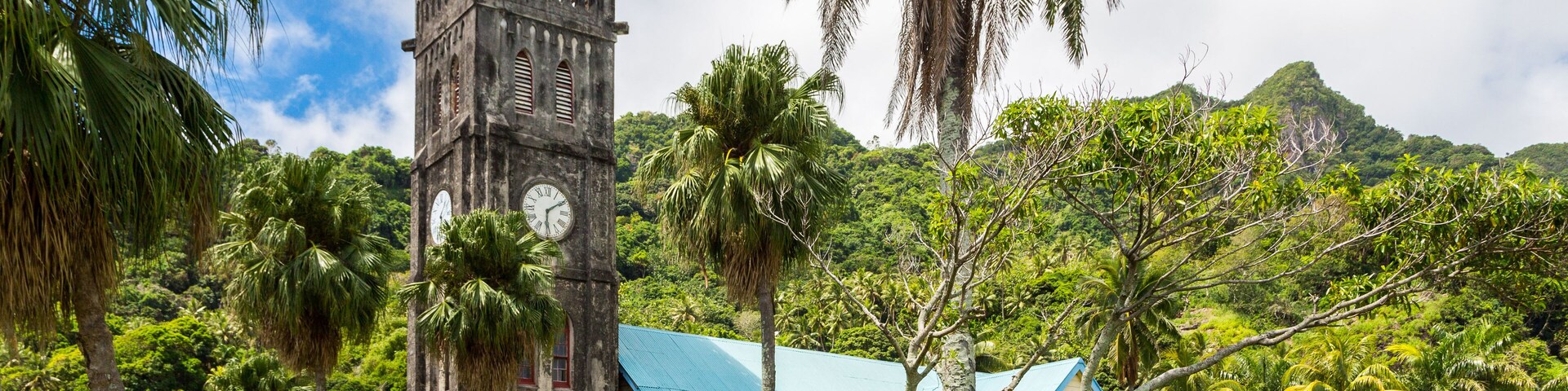 Sacred Heart Roman Catholic Church with a Clock tower. Colourful vibrant old colonial capital of Fiji: Levuka town, Ovalau island, Lomaiviti archipelago, Melanesia, Oceania, South Pacific Ocean