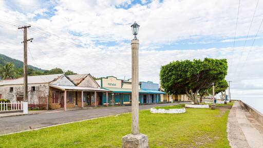 Colourful empty seafront of old colonial capital of Fiji - Levuka town, Ovalau island, Lomaiviti archipelago, Fiji, Melanesia, Oceania, South Pacific Ocean. Street light pole. UNESCO world heritage