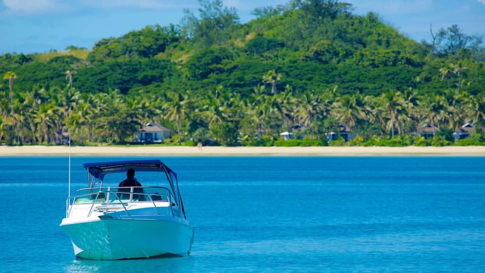 A boat on calm blue water with a beach and palm trees in the background.