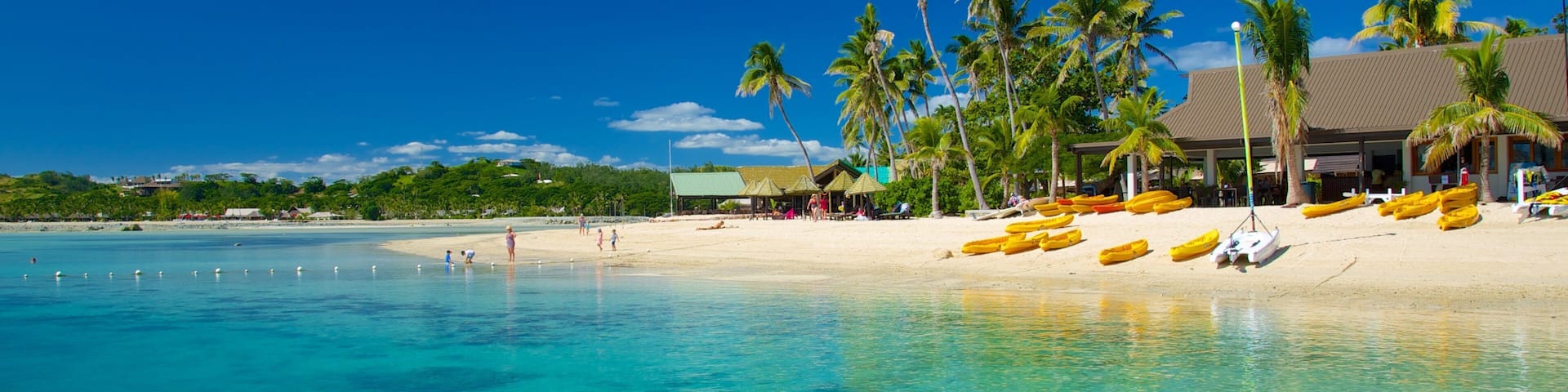 Malolo Island which includes tropical scenes, a sandy beach and a coastal town