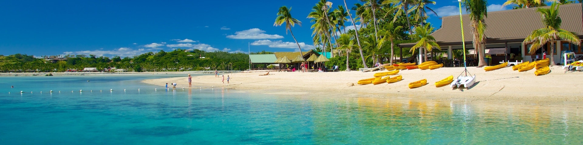 Malolo Island which includes tropical scenes, a sandy beach and a coastal town