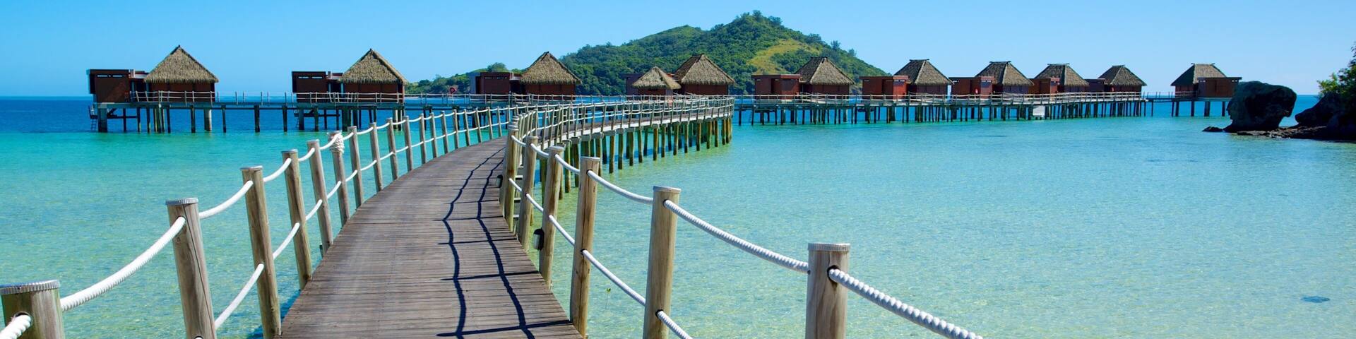Fiji showing a bay or harbor, a sandy beach and island views