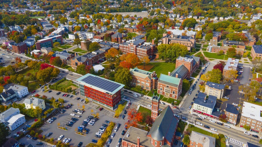 Clark University and University Park aerial view with fall foliage in City of Worcester, Massachusetts MA, USA.