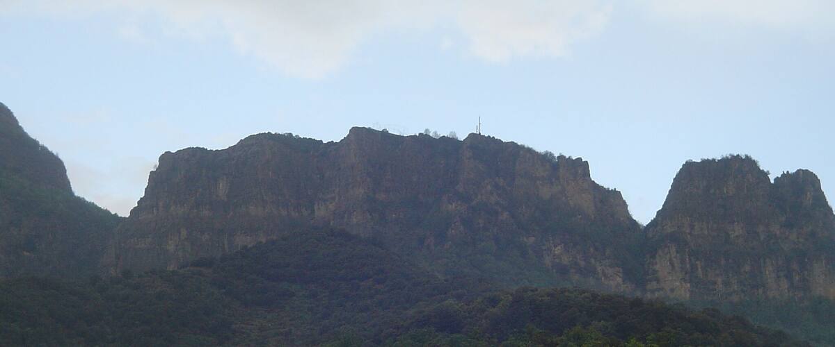 A mountainous landscape with dense forest.