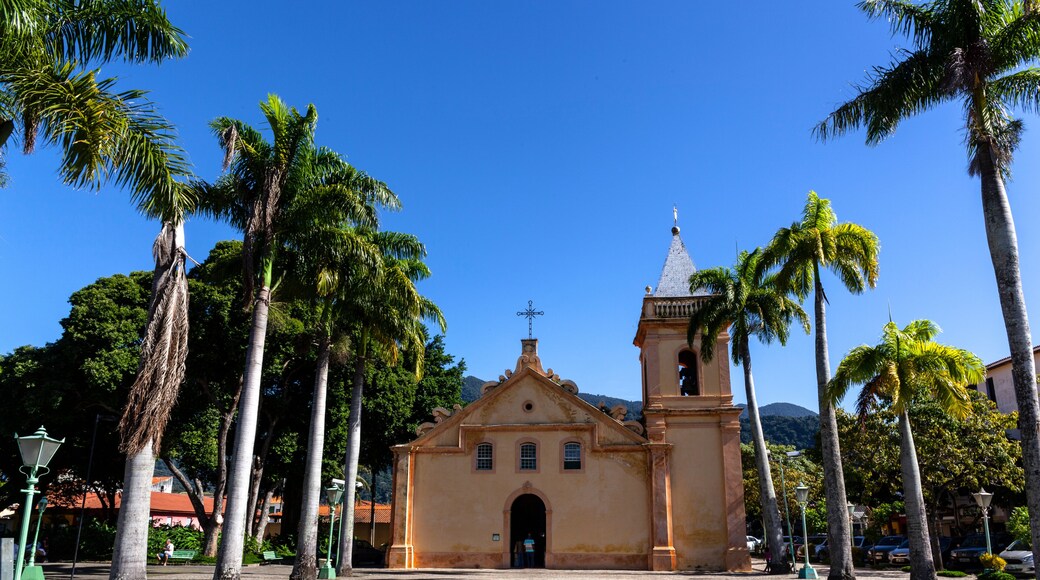 Facade of the parish church of Sao Sebastiao, Built in the 17th century of stone and lime, during the Jesuits' era, in city of Sao Sebastiao. north coast of Sao Paulo