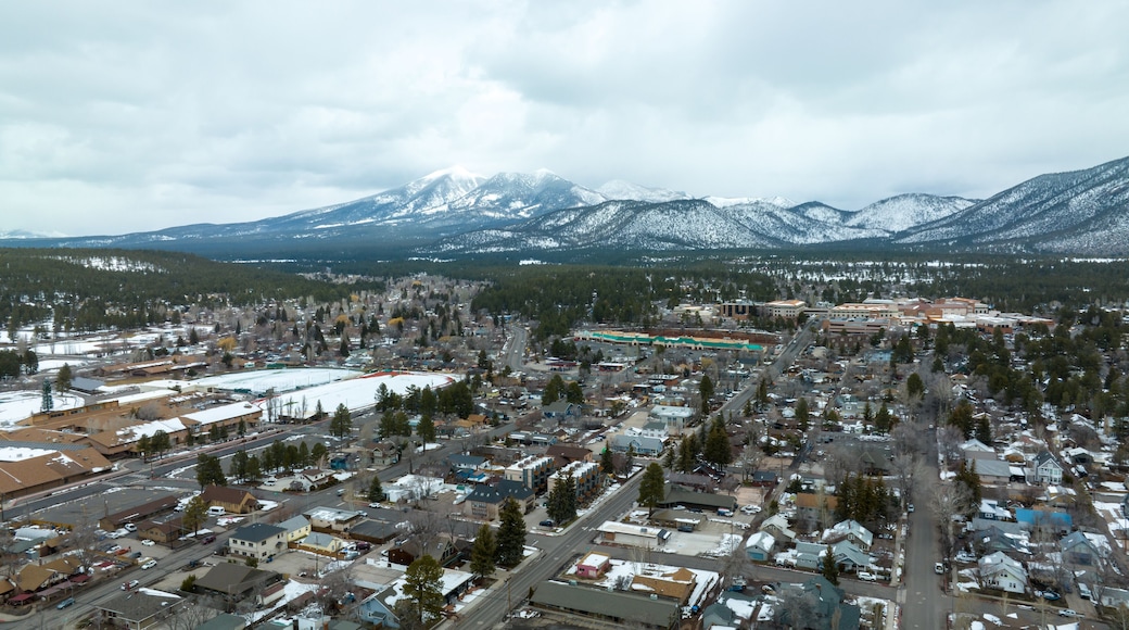 Aerial view of downtown Flagstaff after a snow storm.