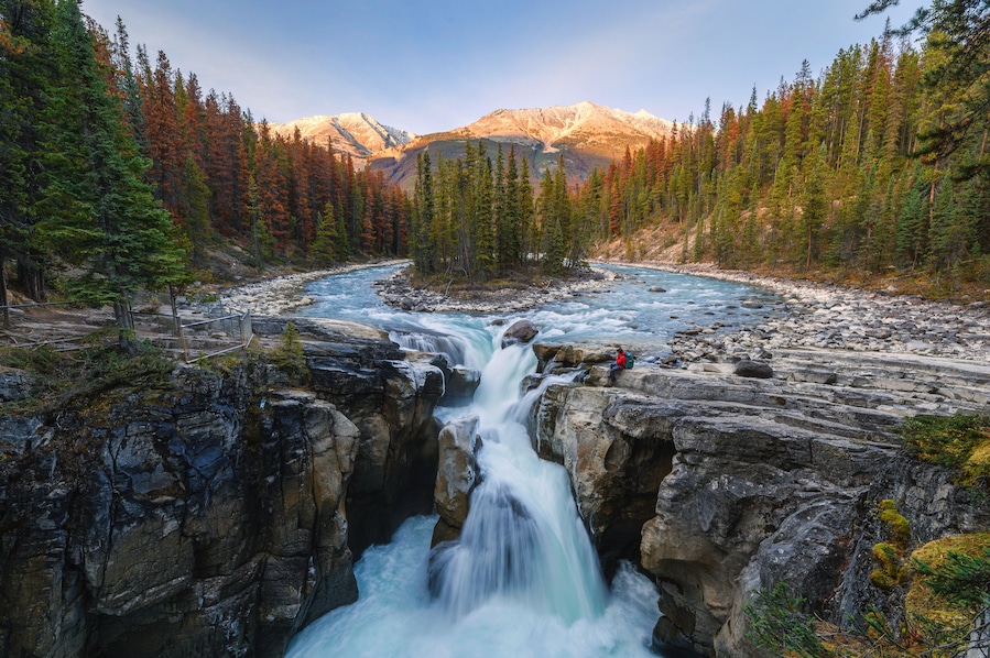 Un río serpentea por un desfiladero rocoso con una cascada, rodeado de un bosque y montañas al fondo.