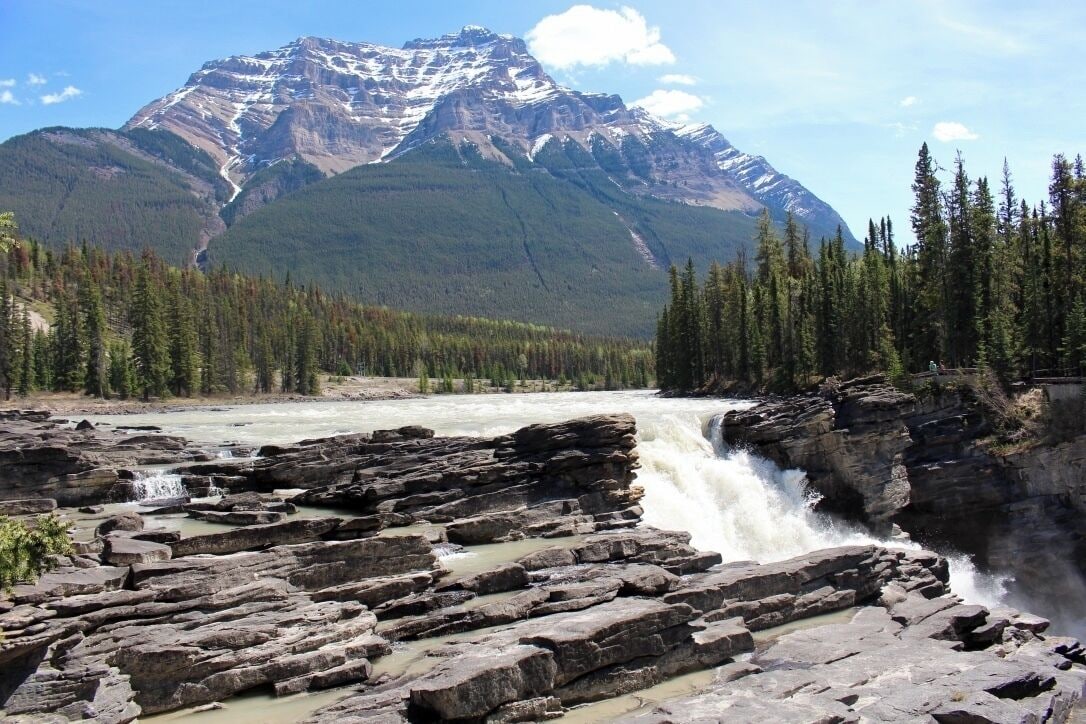 A river flowing over rocky terrain with a waterfall, surrounded by dense forests and mountains in the background.