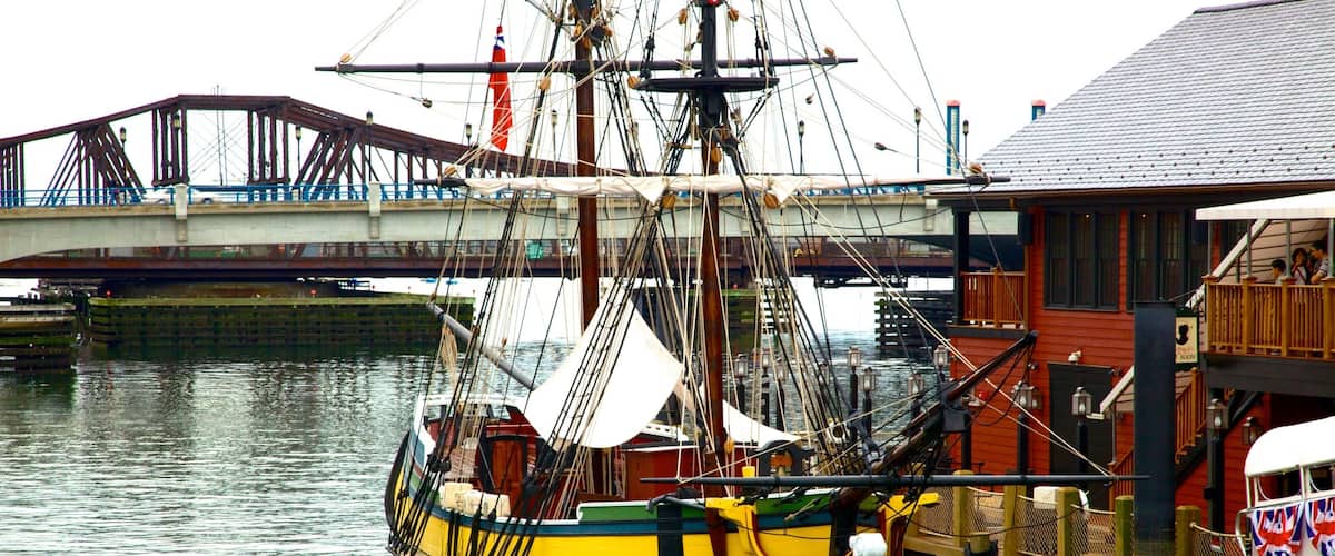 Boston Tea Party Ship which includes a bridge, boating and a bay or harbor