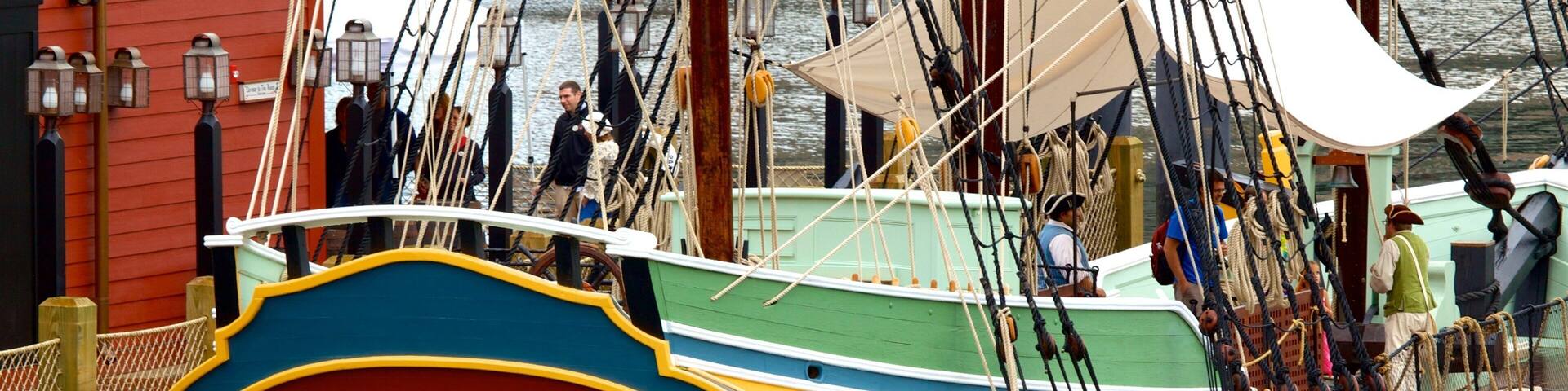 Boston Tea Party Ship showing boating and a bay or harbor