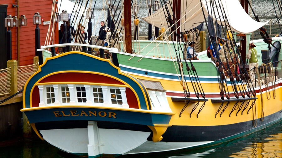 Boston Tea Party Ship showing boating and a bay or harbor