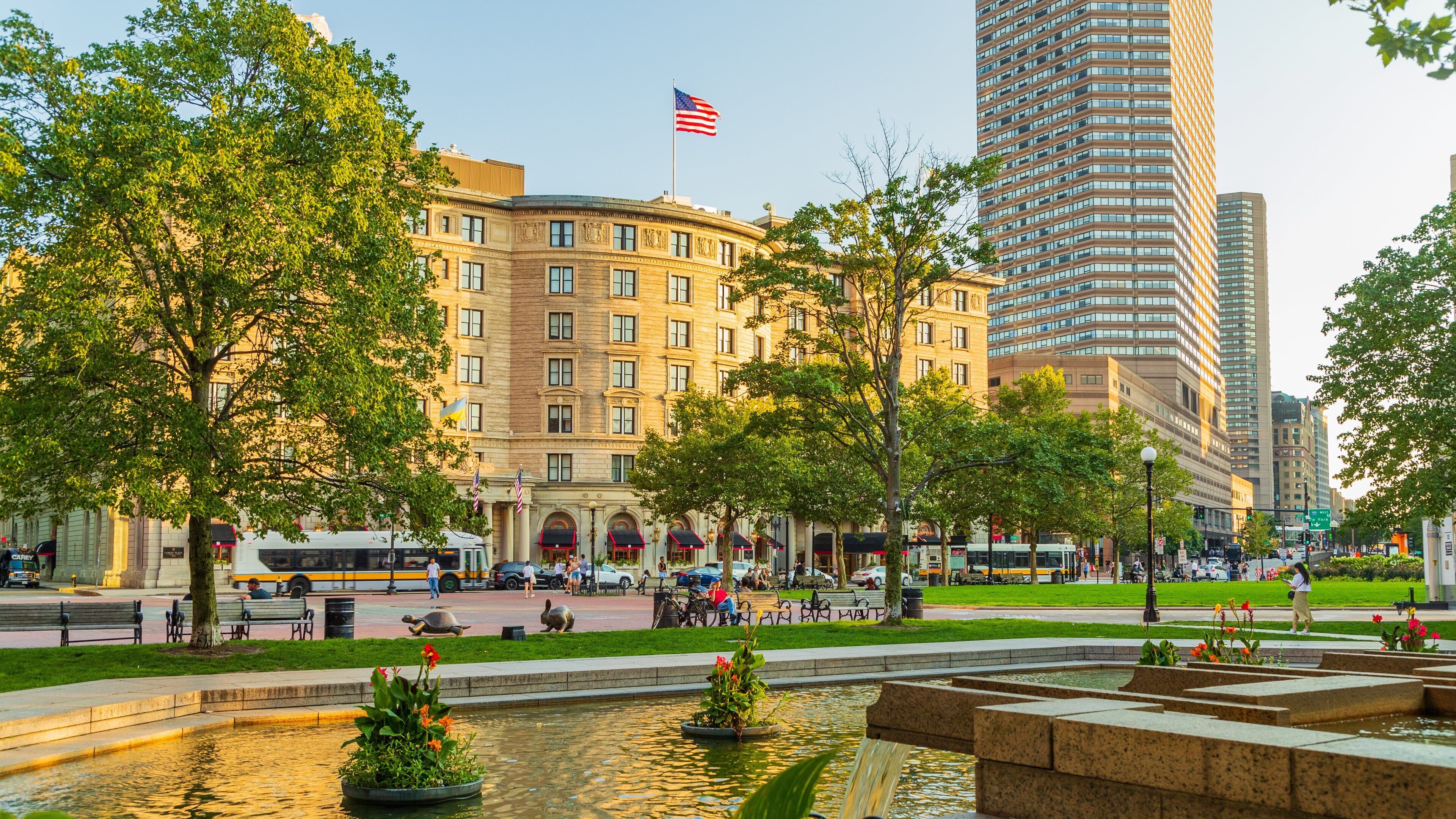 Copley Square which includes a fountain and heritage elements