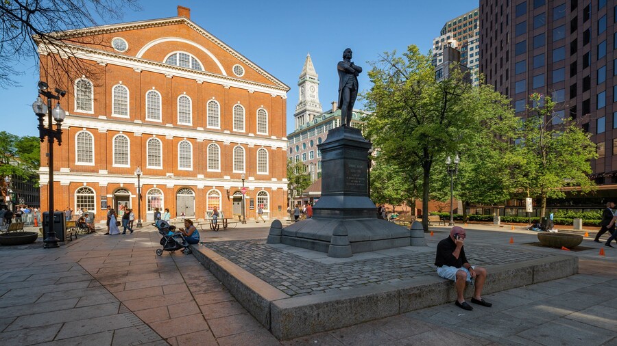 Faneuil Hall Marketplace showing a square or plaza and a statue or sculpture