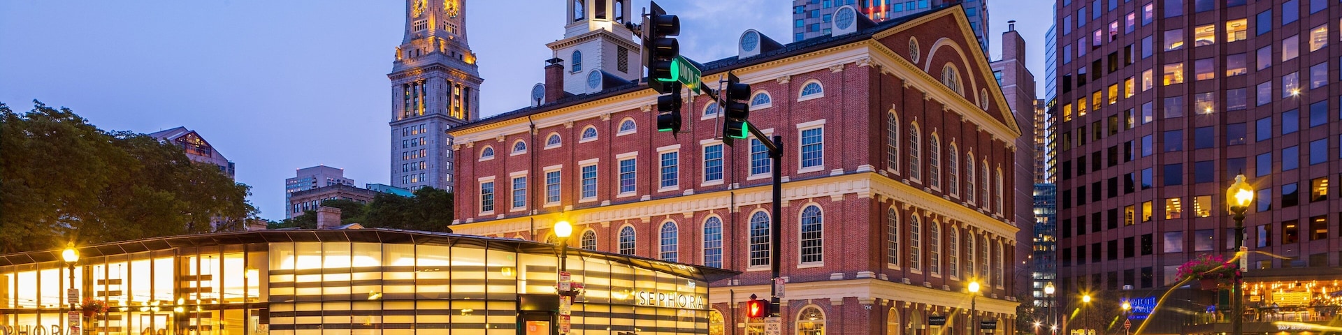 Faneuil Hall Marketplace featuring a city and night scenes