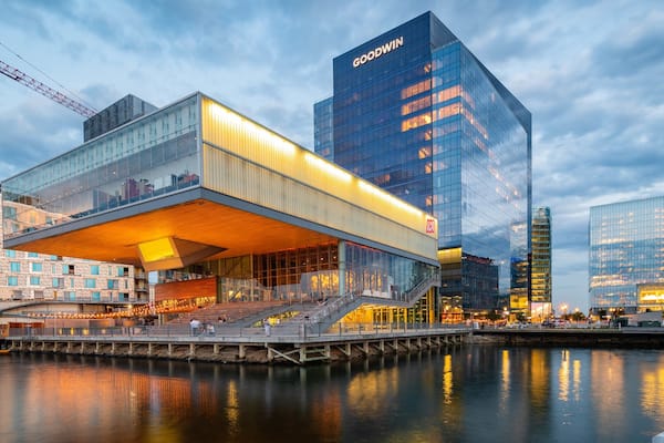 Institute of Contemporary Art showing a bay or harbor, a city and modern architecture