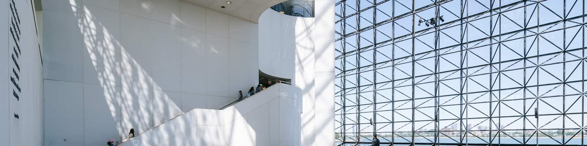 John F. Kennedy Presidential Library and Museum which includes modern architecture and interior views