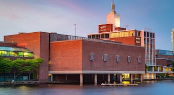 Museum of Science which includes a bay or harbor and a sunset
