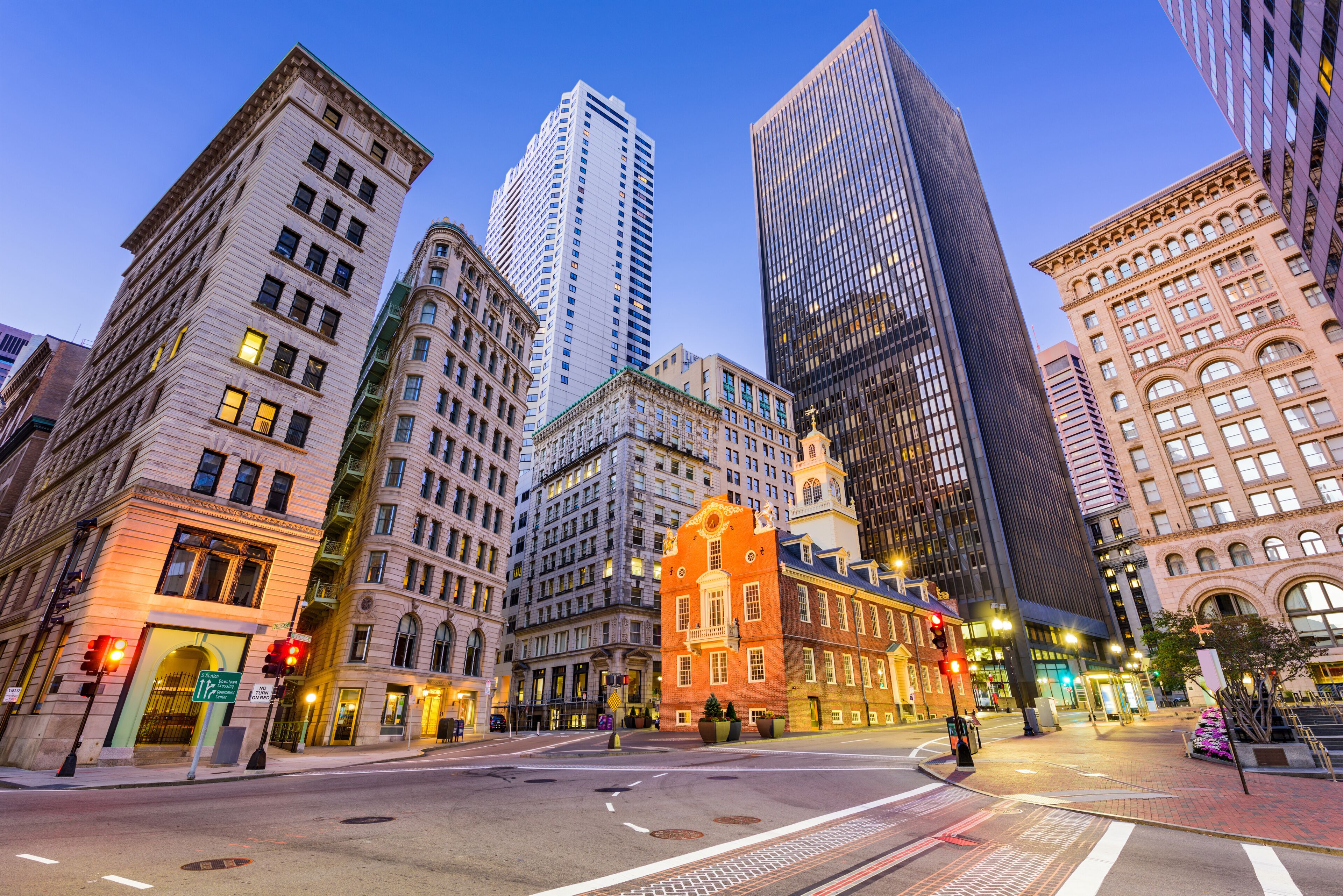 Boston, Massachusetts, USA Old State House and cityscape.