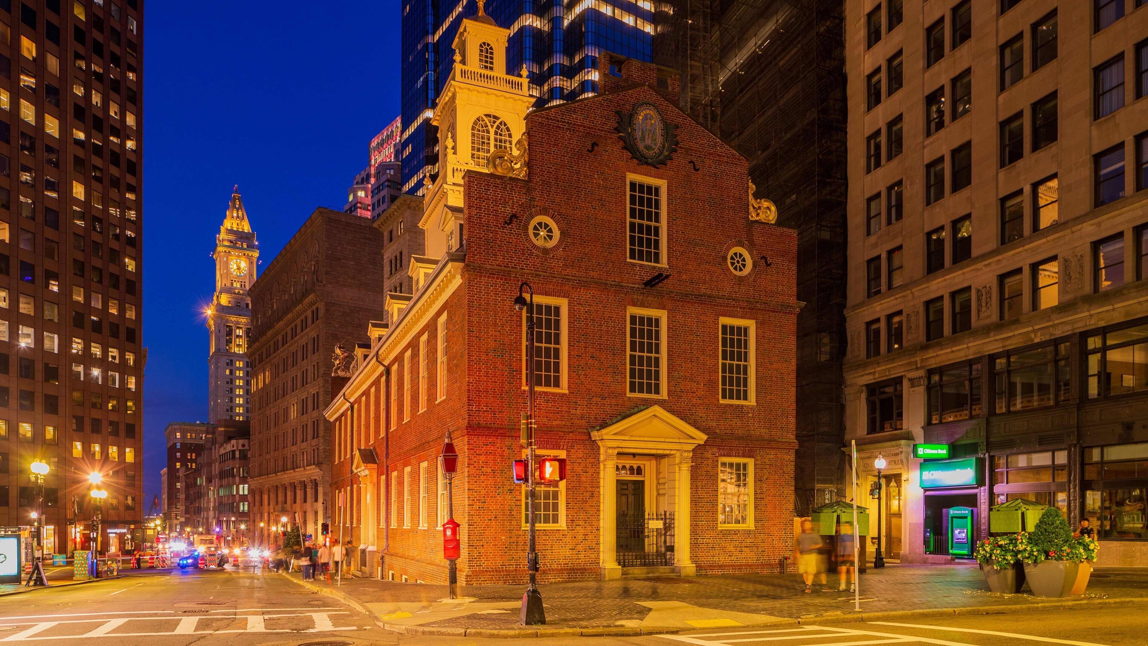 Old State House showing a city, night scenes and heritage architecture