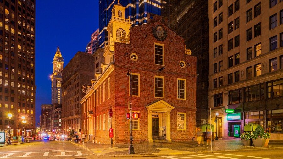 Old State House showing a city, night scenes and heritage architecture