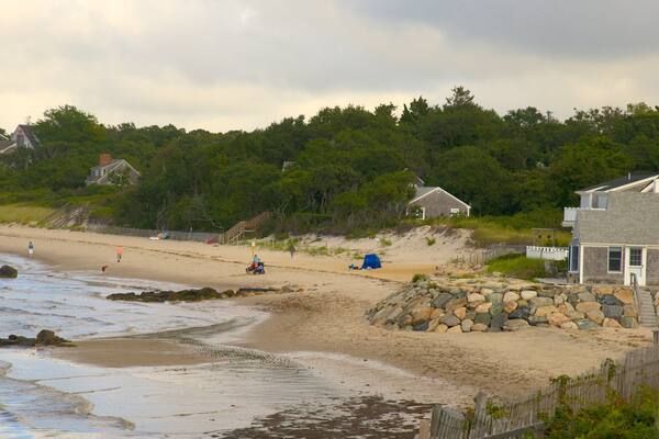 Uma praia com casas, um trecho costeiro rochoso e uma floresta ao fundo.