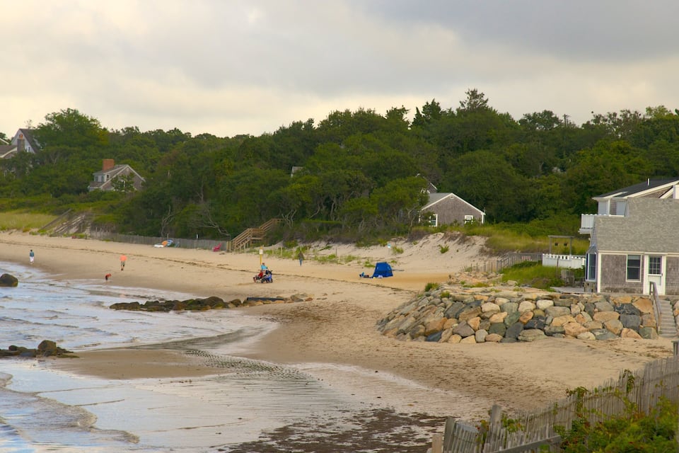 Una platja amb cases, un litoral rocos i un bosc al fons.