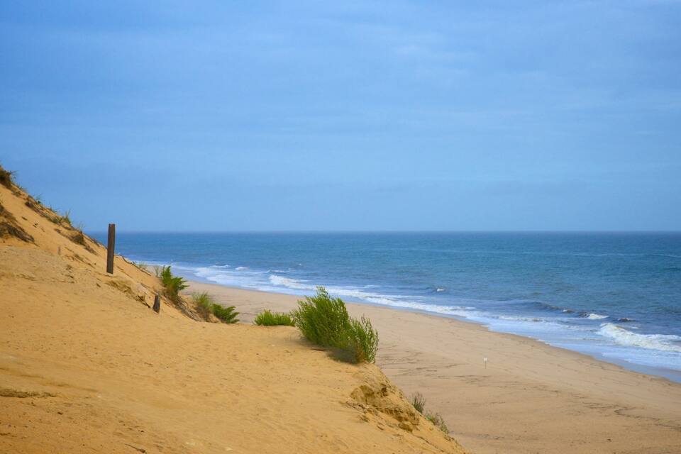 Platja sorrenca amb onades suaus, cel clar i vegetació escassa.