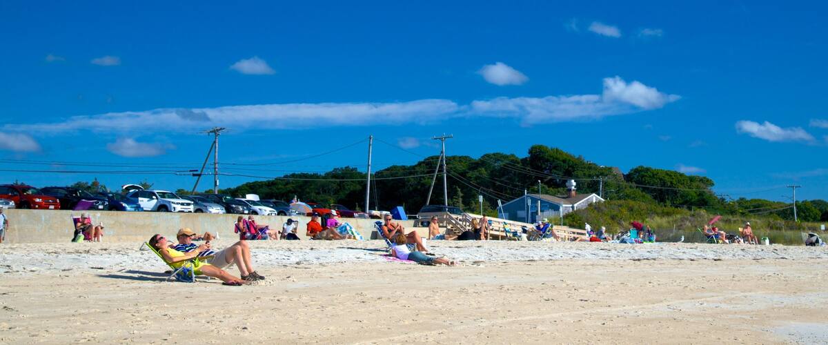 A beach with people sunbathing and relaxing.