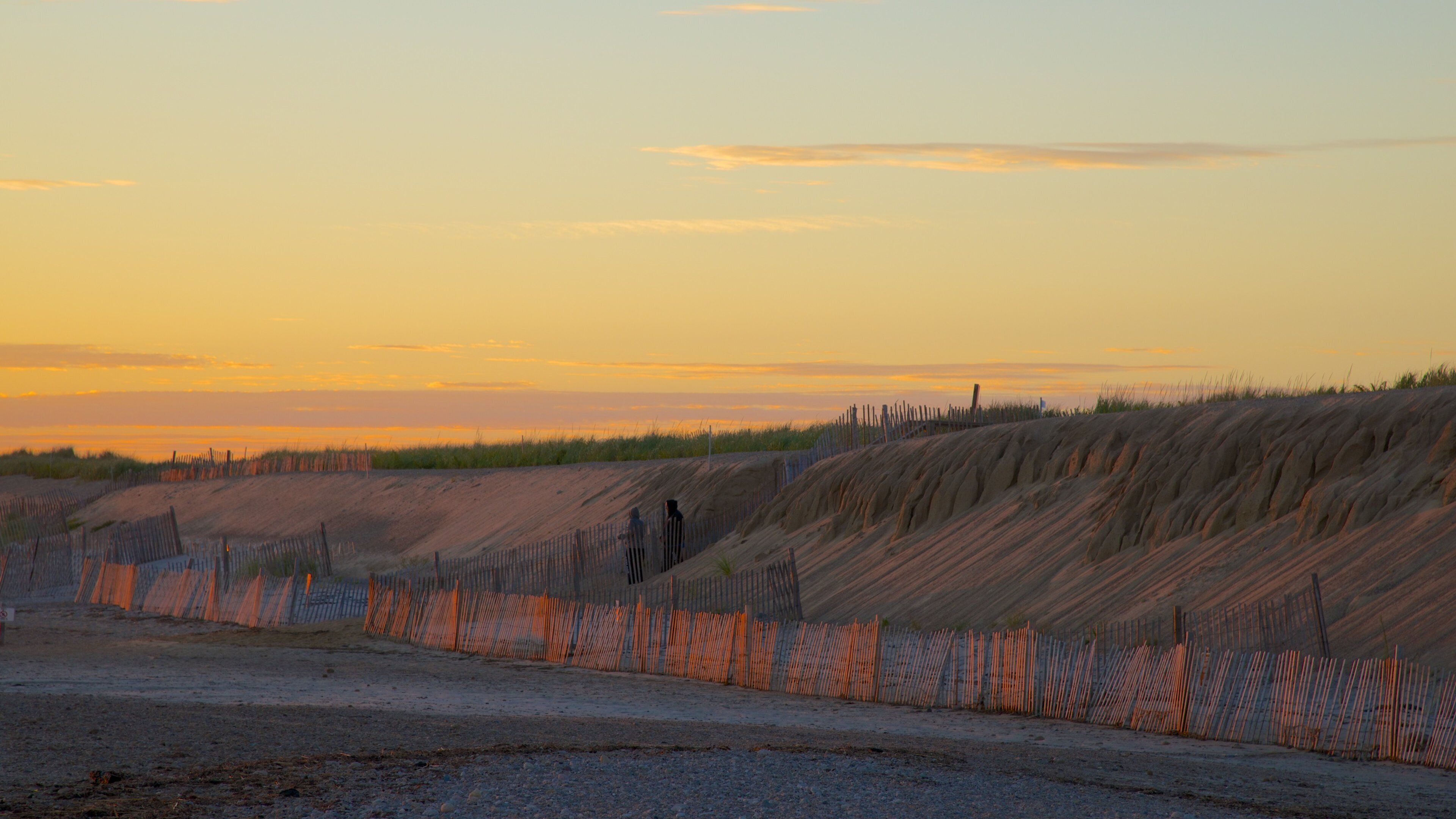 A coastal landscape with sand dunes and a wooden fence.