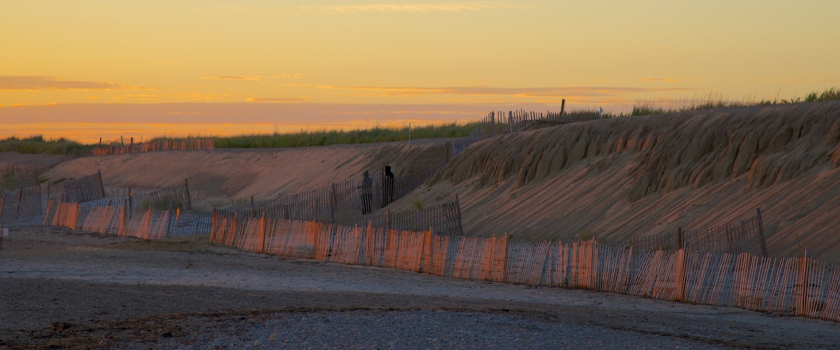 A coastal landscape with sand dunes and a wooden fence.