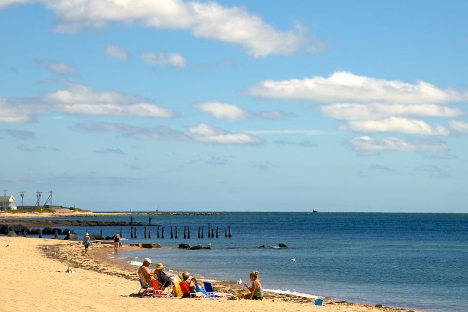 A beach with people relaxing, a pier in the background, and a clear sky.