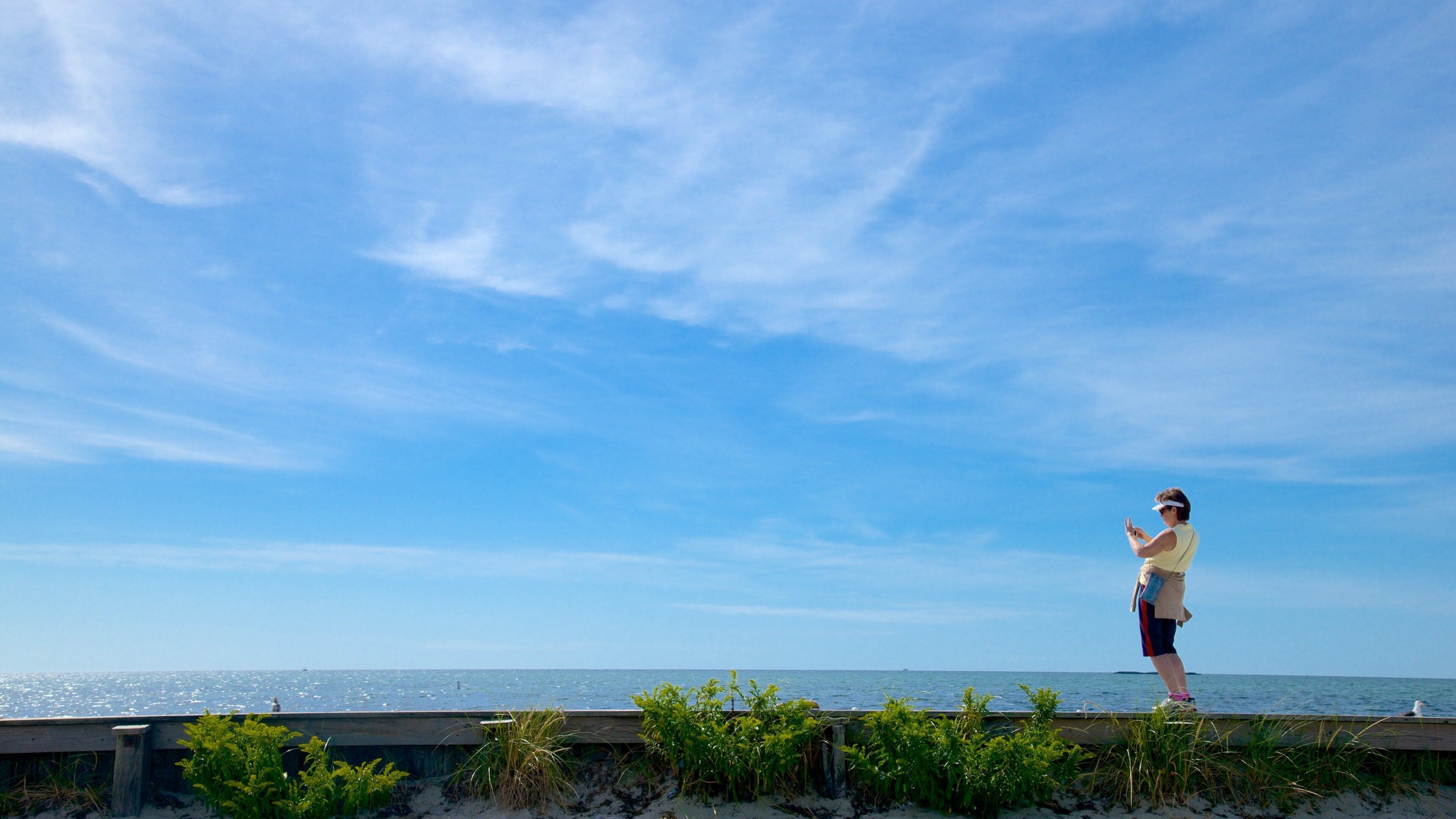 West Dennis Beach which includes general coastal views as well as an individual femail