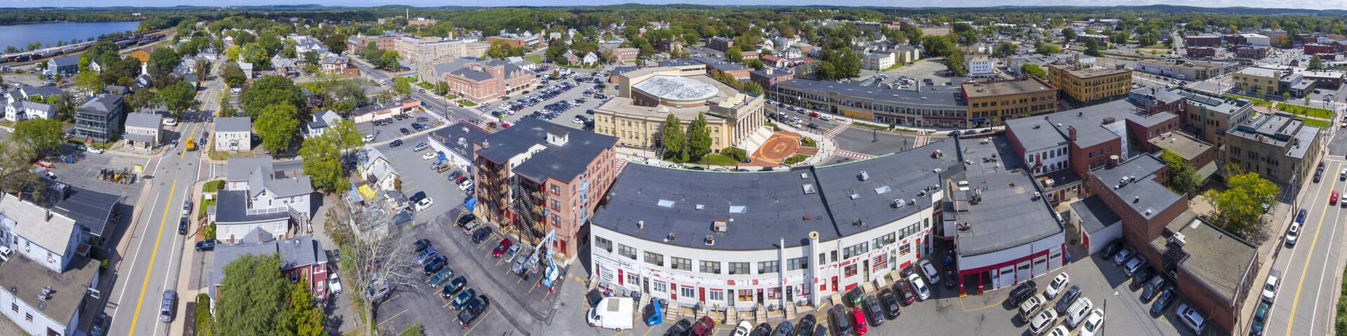 Framingham City Hall and downtown aerial view panorama in downtown Framingham, Massachusetts, USA.
